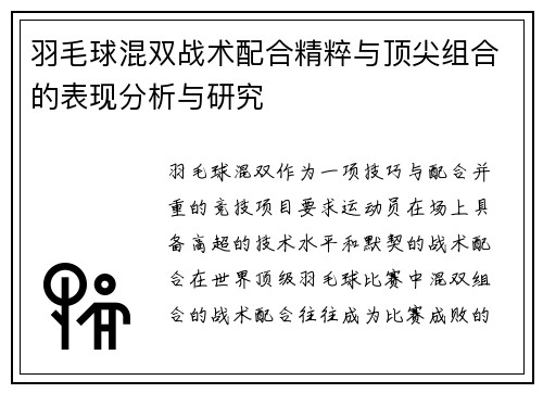 羽毛球混双战术配合精粹与顶尖组合的表现分析与研究